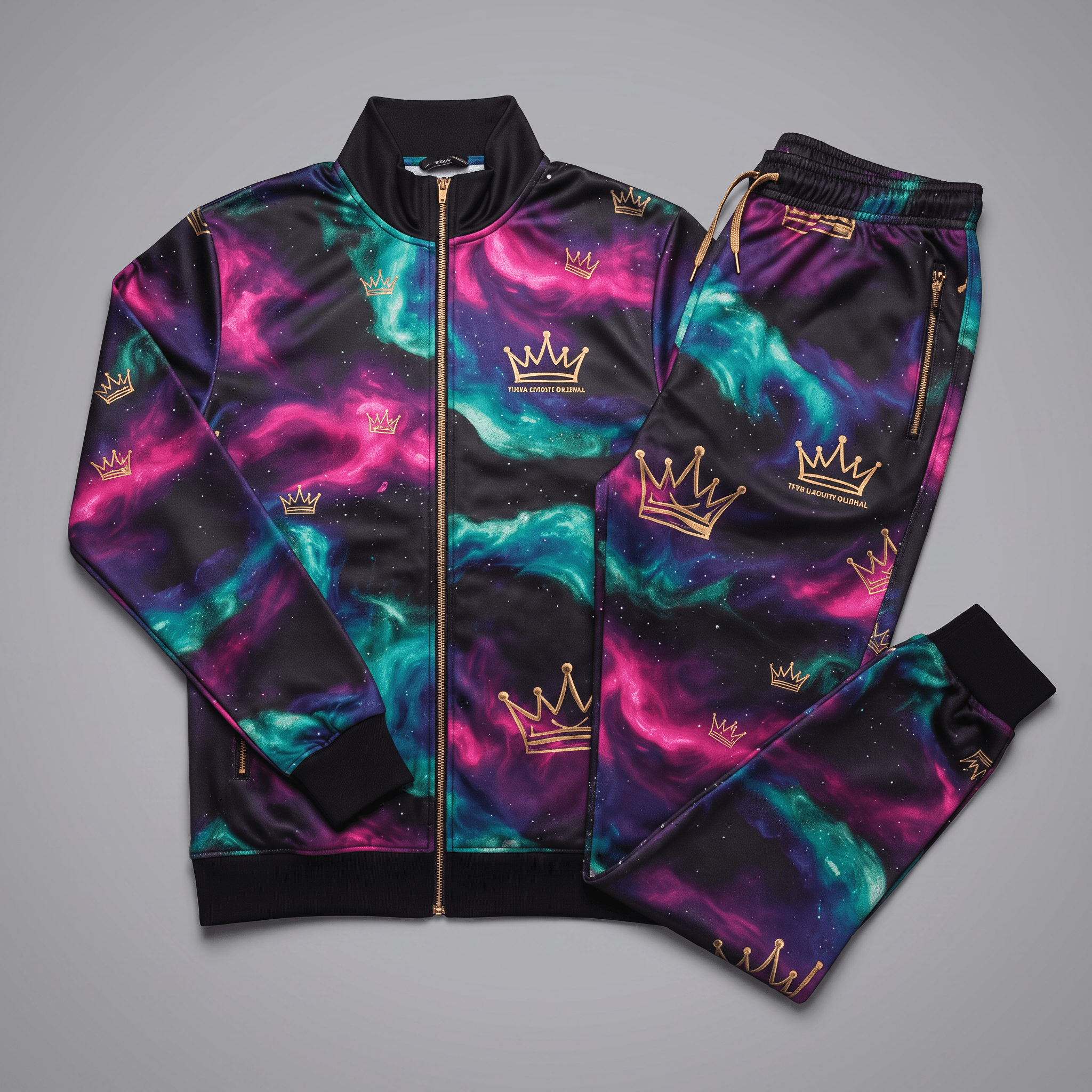Black track jacket and pants set featuring a colorful galaxy print and gold crown graphics.