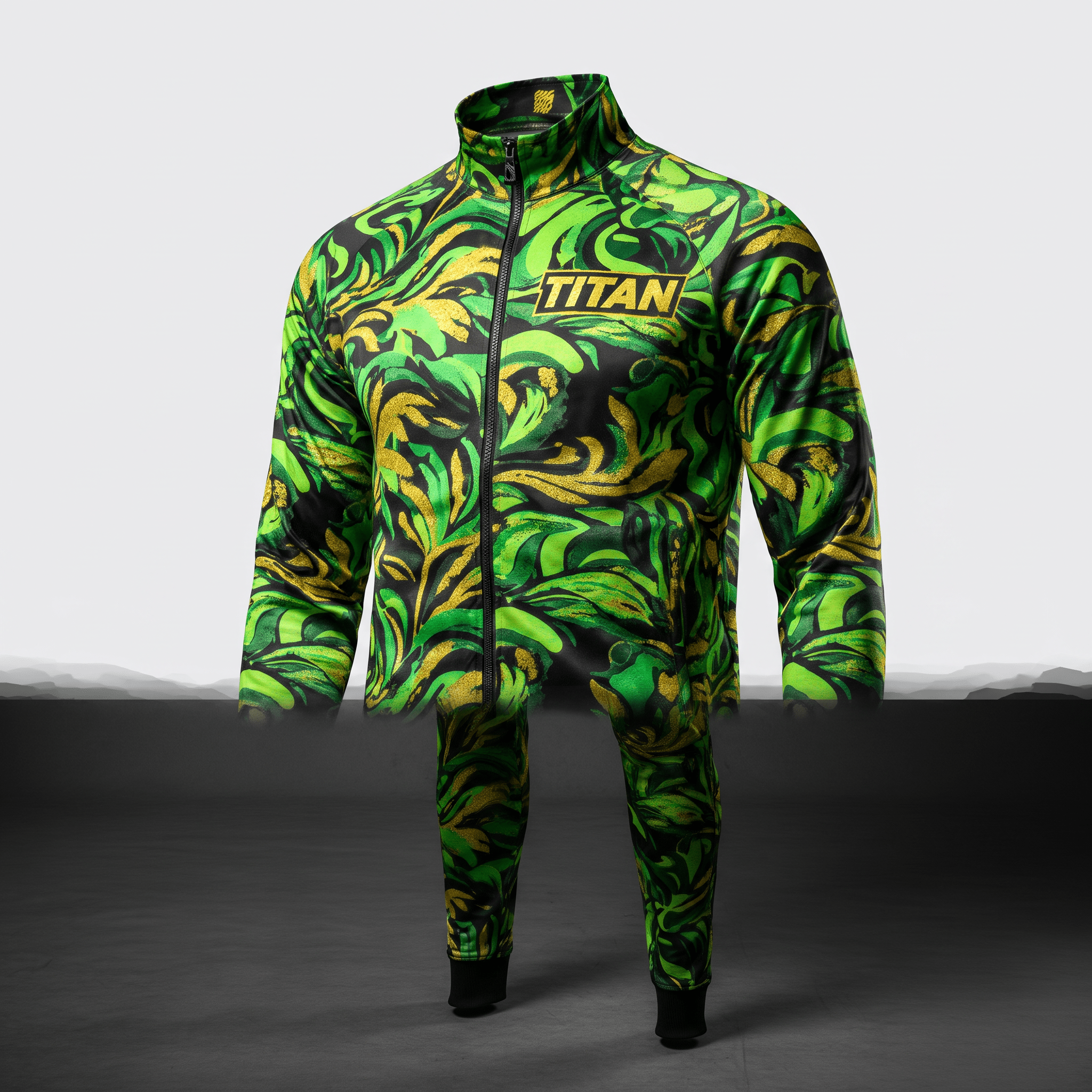 Green and gold swirled pattern track jacket and pants set with the Titan logo on the chest.