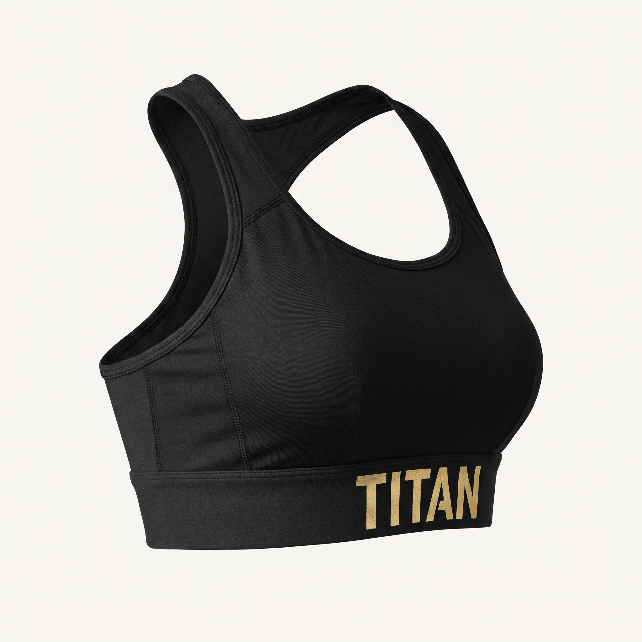 Black athletic sports bra with a racerback style and gold Titan logo on the bottom band.