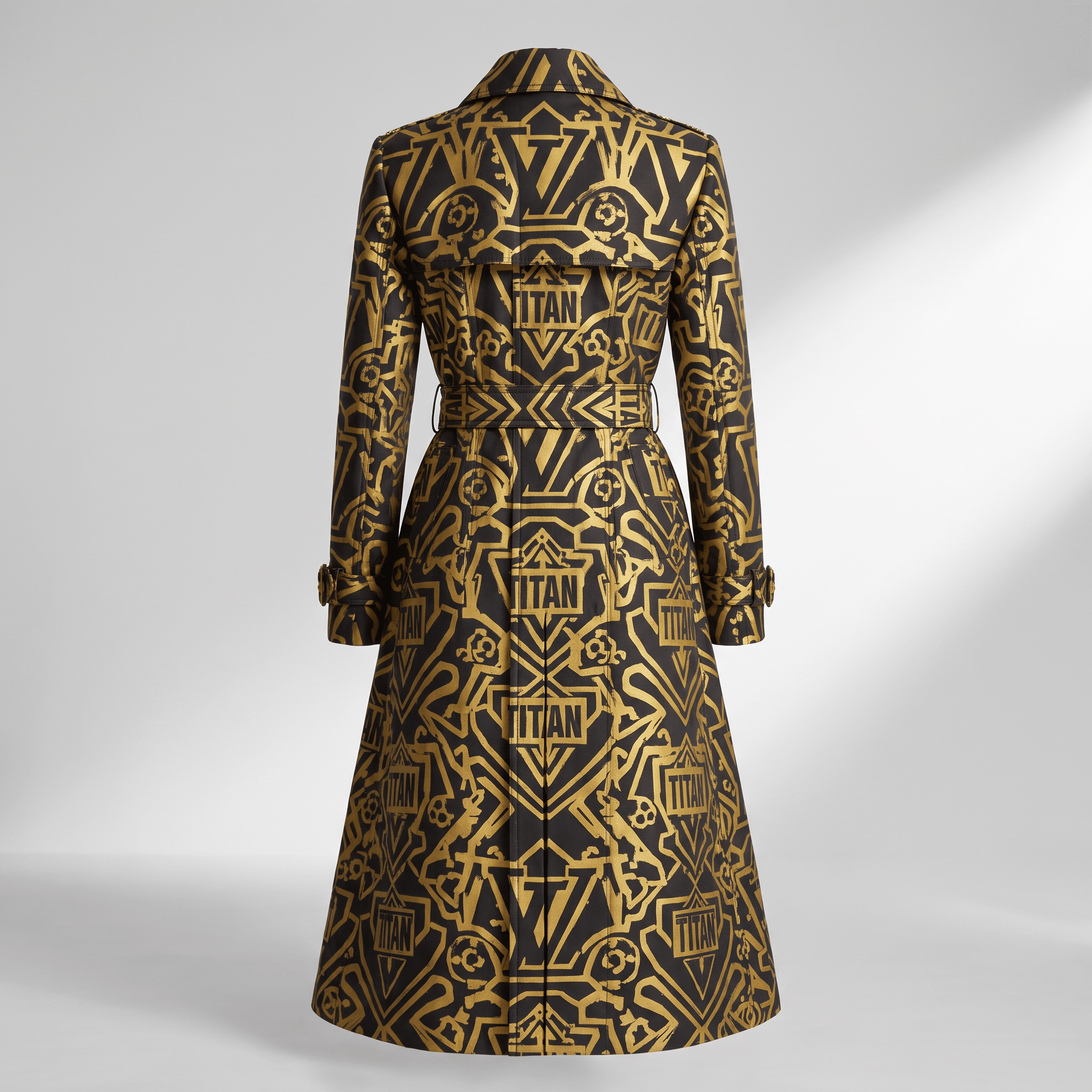 Back view of a black and gold patterned trench coat with a matching belt and structured collar.