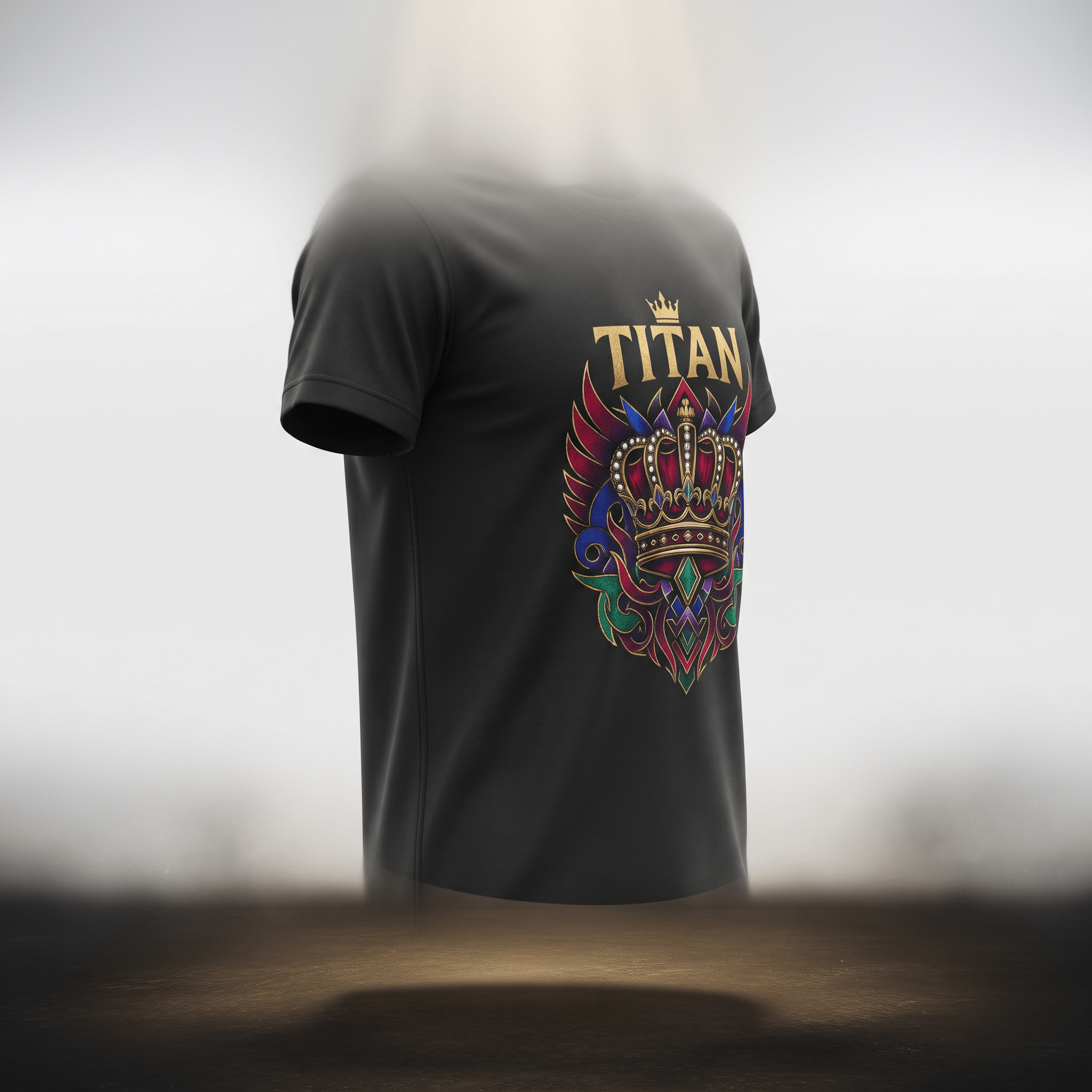 Black t-shirt with a gold Titan text and a colorful crown crest graphic on the chest.