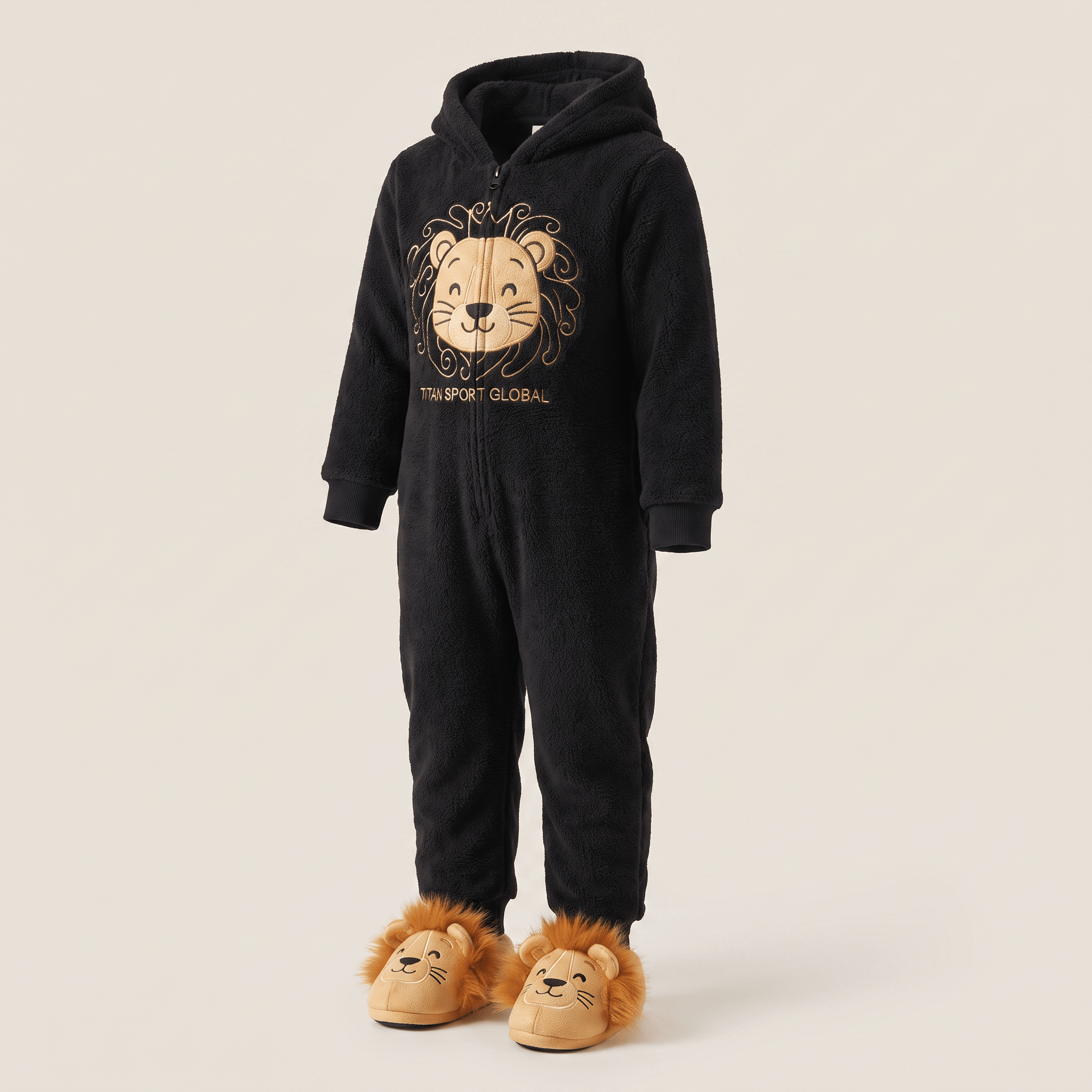 Black fleece hooded onesie for kids with a gold lion face graphic, paired with matching lion slippers.