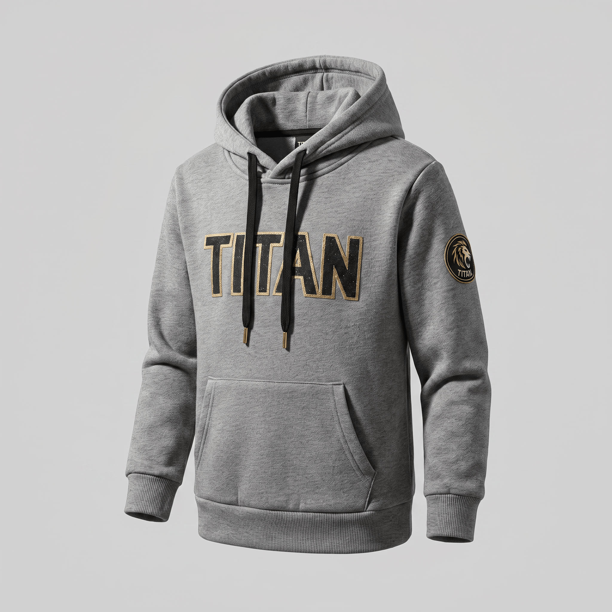 Grey Titan hoodie with black drawstrings, front pocket, and gold and black Titan text across the chest.