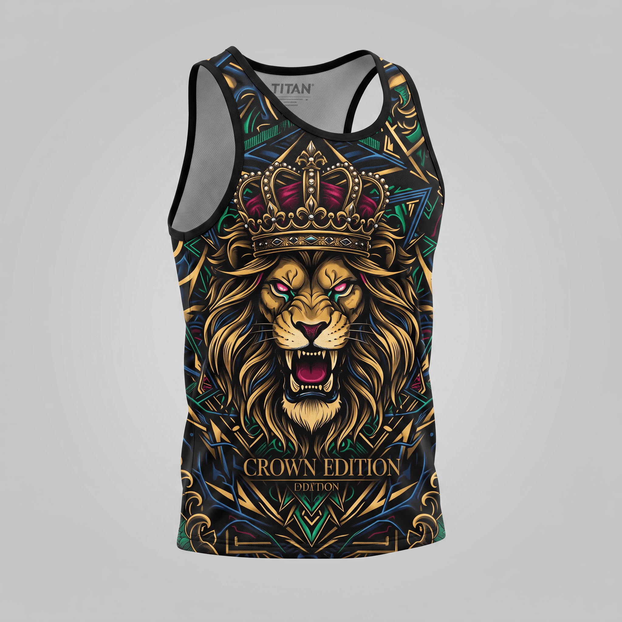 Black athletic tank top featuring a roaring lion wearing a crown with colorful abstract geometric patterns.