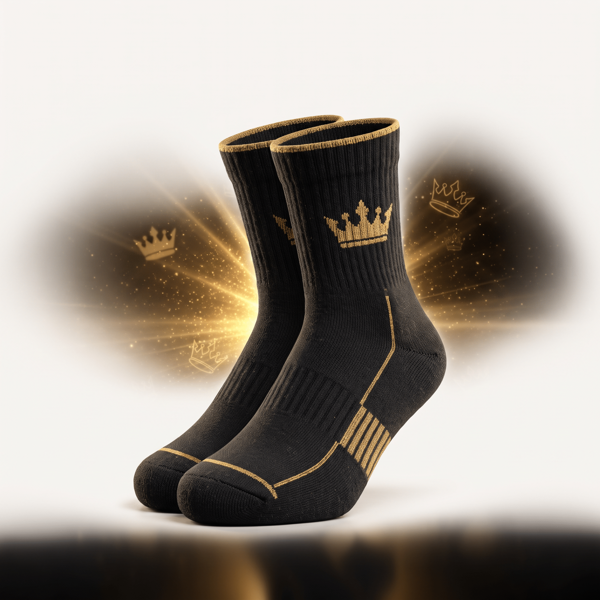 Black crew socks with gold crown logo and trim against a glowing background.