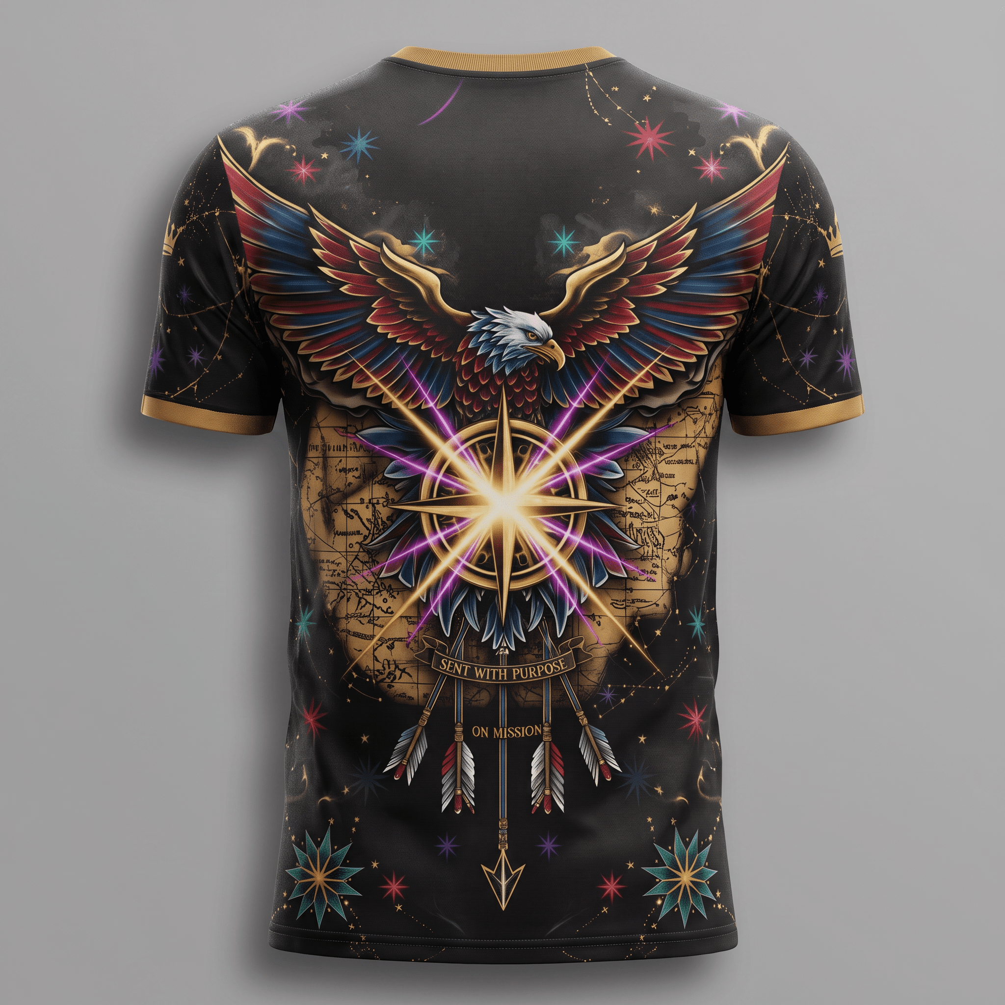 Back of black t-shirt featuring a detailed eagle, glowing compass star, arrows, and map background.
