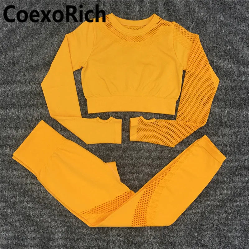 Yoga Set Women Fitness Gym Clothing Sport Suit Seamless Hollow Out Long Sleeve Crop Top High Waist Workout Leggings Sportwear