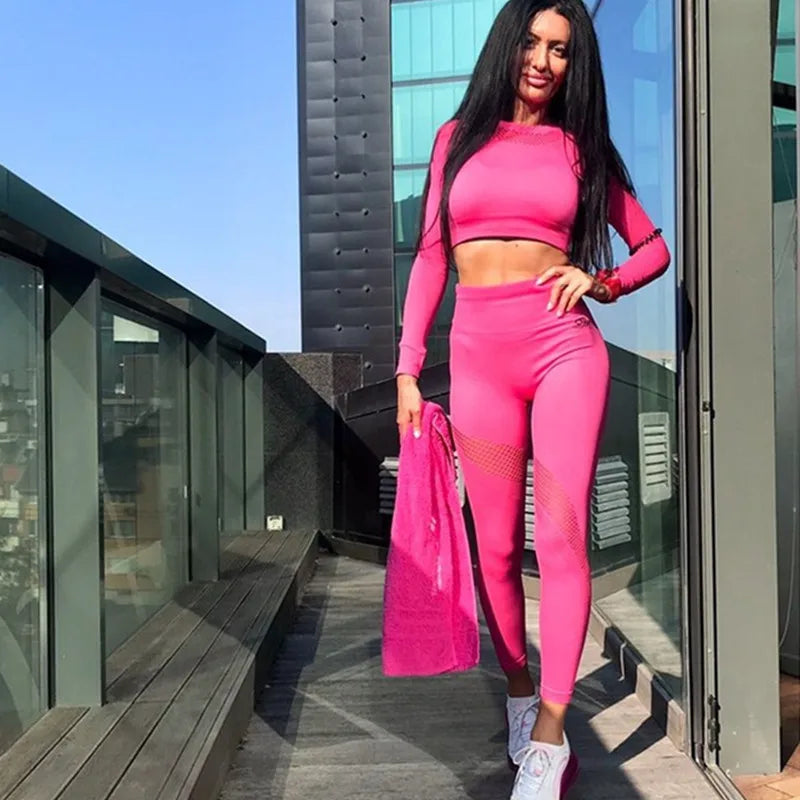 Yoga Set Women Fitness Gym Clothing Sport Suit Seamless Hollow Out Long Sleeve Crop Top High Waist Workout Leggings Sportwear