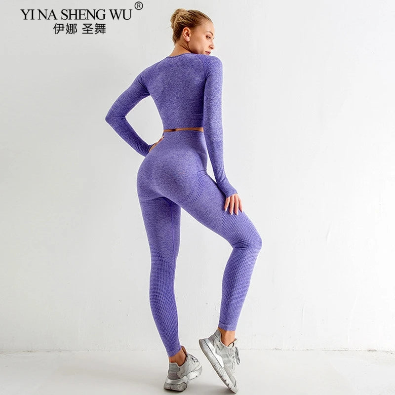 Women's Sportswear Yoga Set Gym Legging Tracksuit Long Sleeve Crop Top Sexy High Waist Seamless Leggings for Fitness Sports Suit