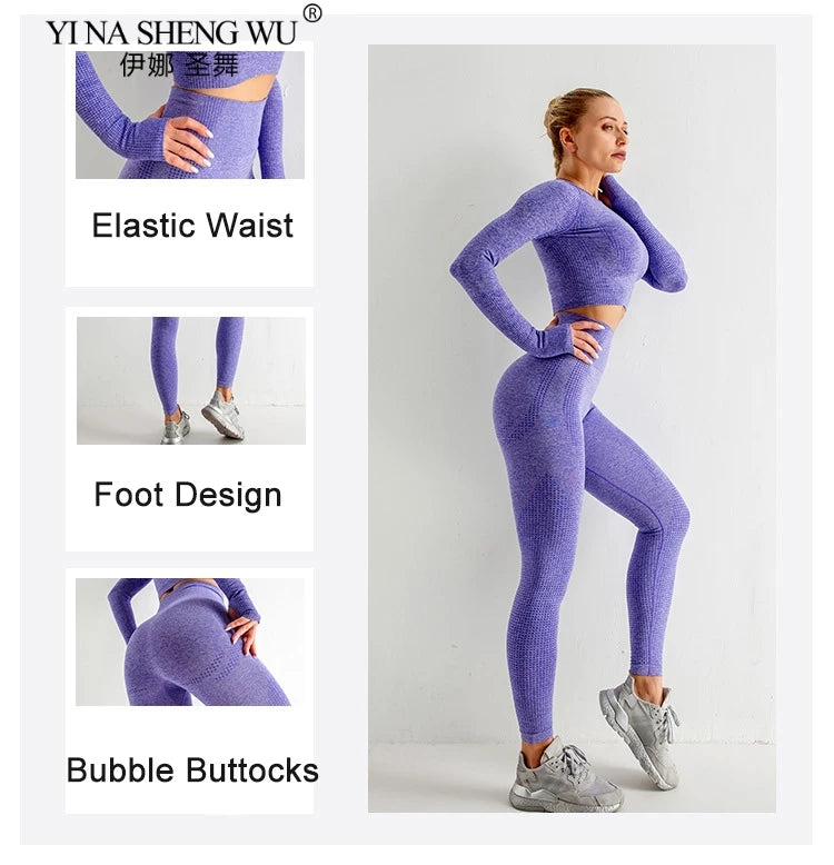 Women's Sportswear Yoga Set Gym Legging Tracksuit Long Sleeve Crop Top Sexy High Waist Seamless Leggings for Fitness Sports Suit