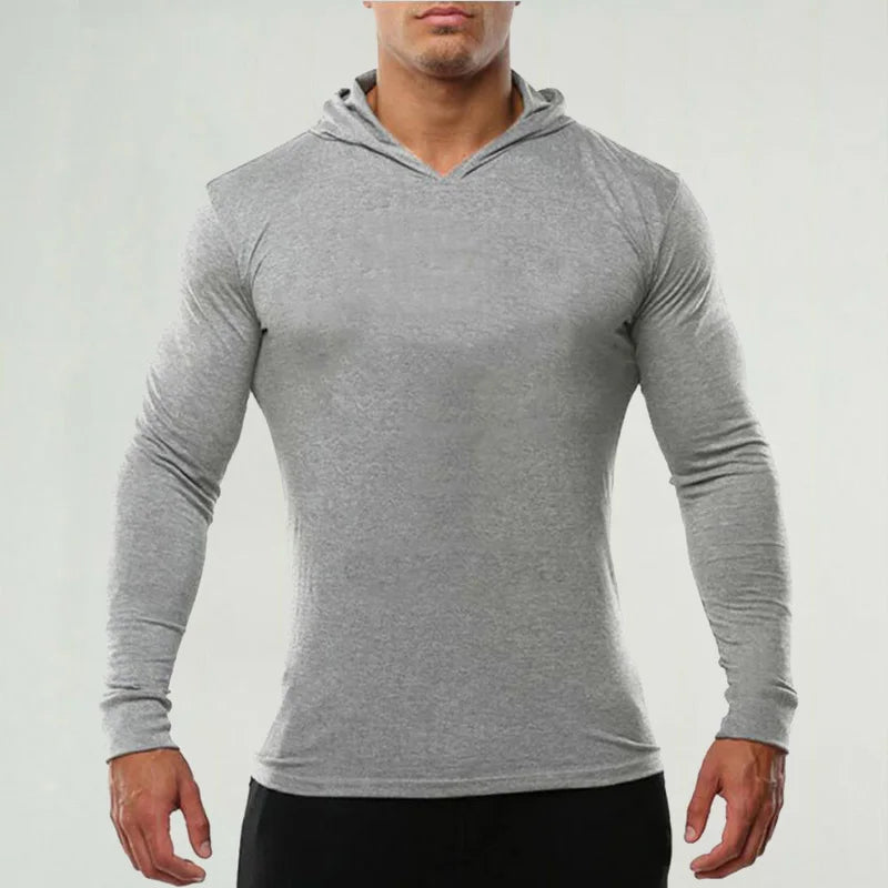 Brand Gym Clothing Solid Color Long Sleeve Hooded Slim Fit T Shirt Men Cotton Tee Shirt Bodybuilding Fitness Sportwear Tshirt