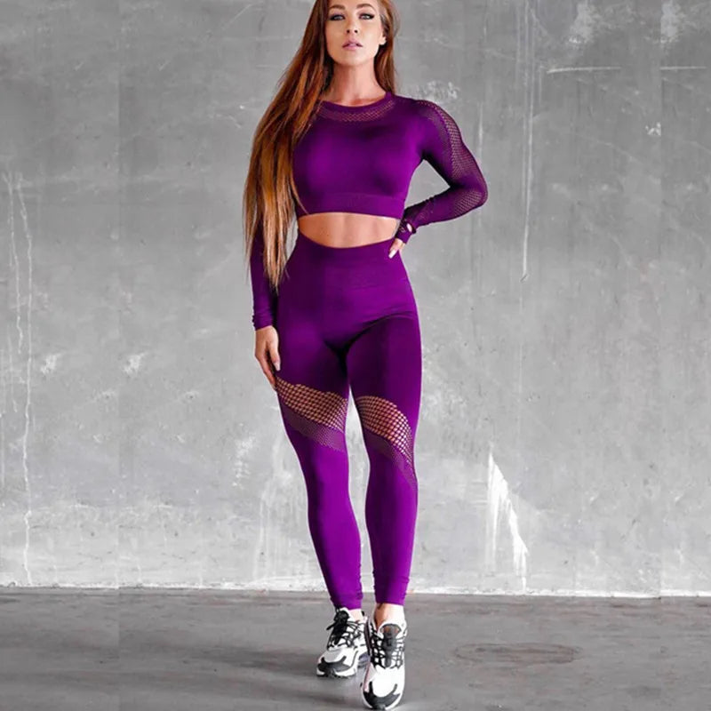 Yoga Set Women Fitness Gym Clothing Sport Suit Seamless Hollow Out Long Sleeve Crop Top High Waist Workout Leggings Sportwear