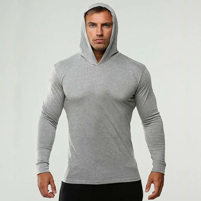 Brand Gym Clothing Solid Color Long Sleeve Hooded Slim Fit T Shirt Men Cotton Tee Shirt Bodybuilding Fitness Sportwear Tshirt