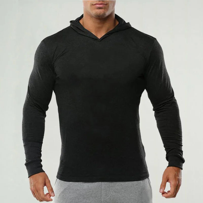 Brand Gym Clothing Solid Color Long Sleeve Hooded Slim Fit T Shirt Men Cotton Tee Shirt Bodybuilding Fitness Sportwear Tshirt