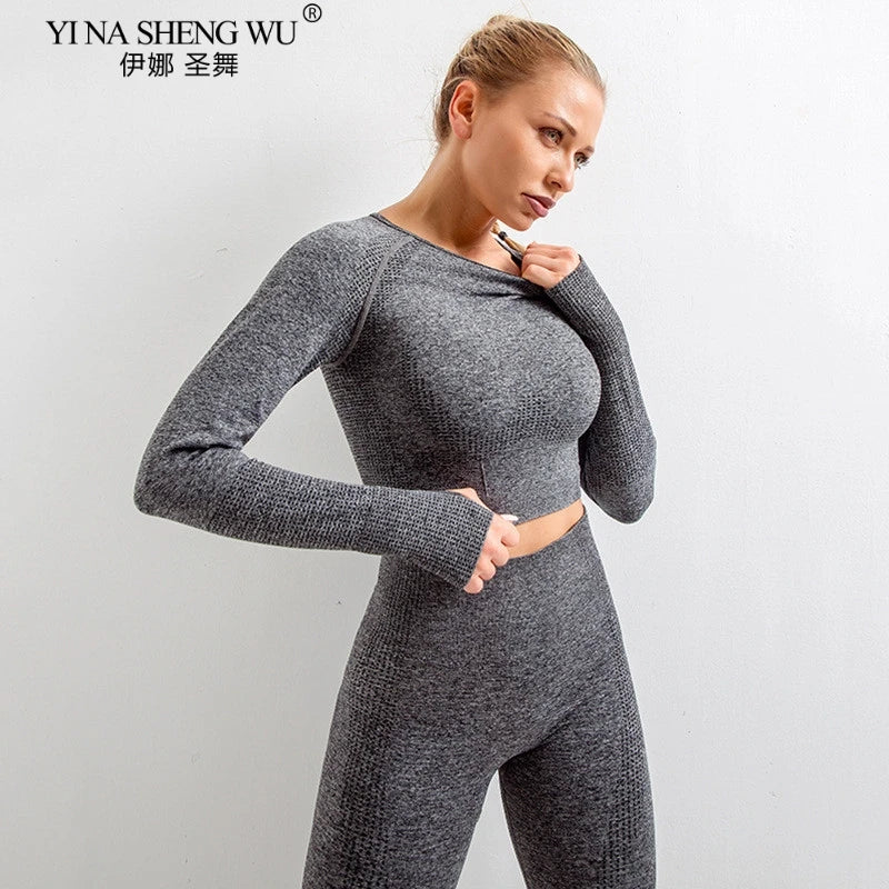 Women's Sportswear Yoga Set Gym Legging Tracksuit Long Sleeve Crop Top Sexy High Waist Seamless Leggings for Fitness Sports Suit
