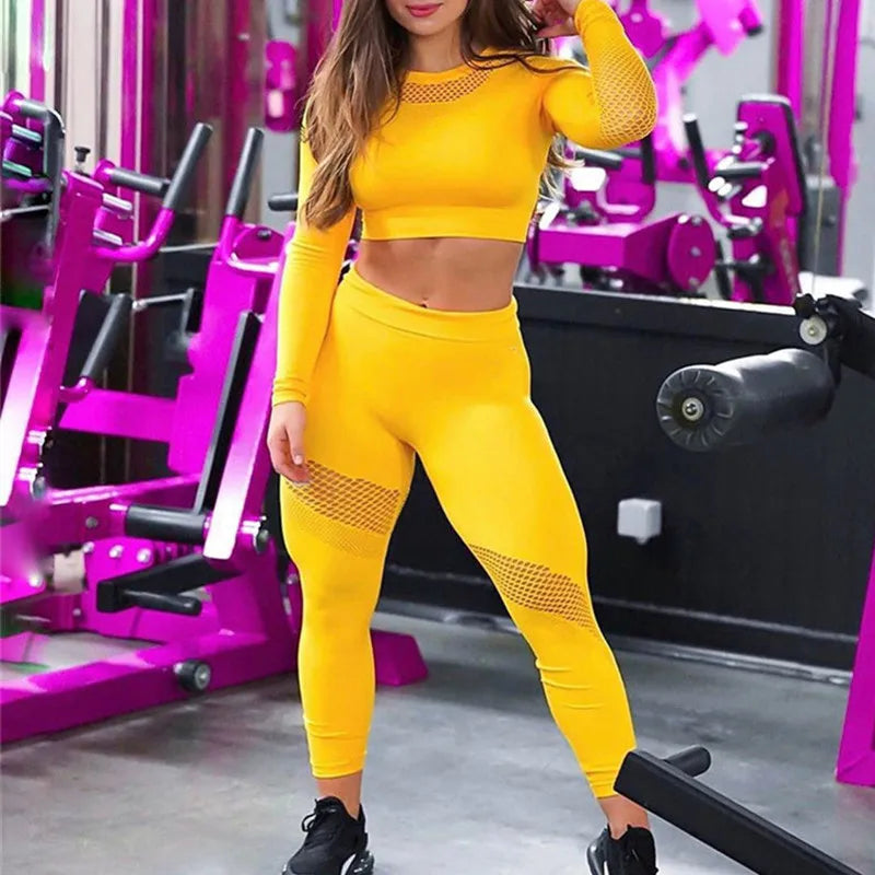Yoga Set Women Fitness Gym Clothing Sport Suit Seamless Hollow Out Long Sleeve Crop Top High Waist Workout Leggings Sportwear