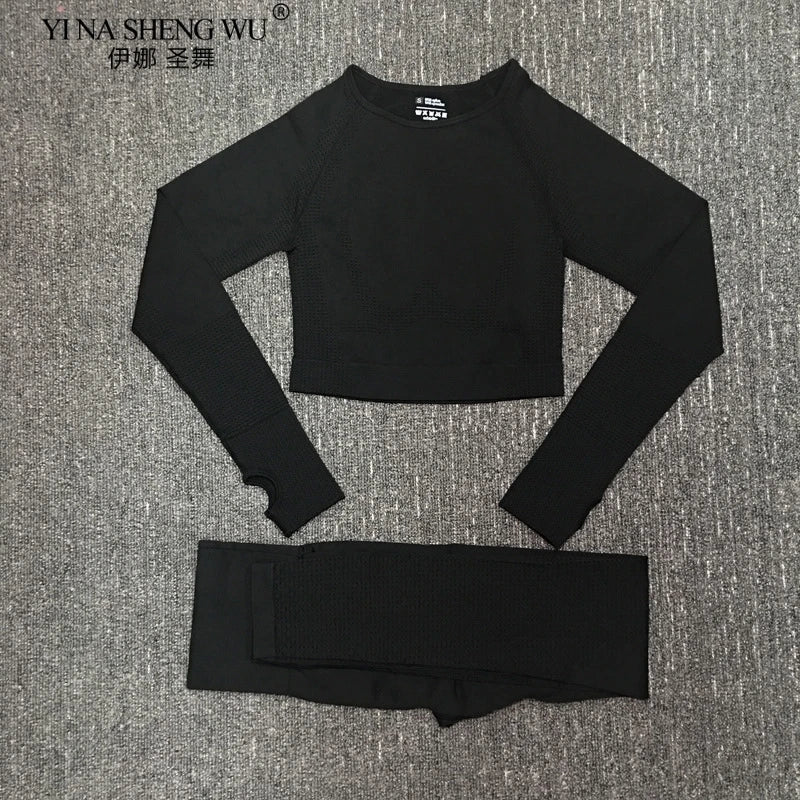 Women's Sportswear Yoga Set Gym Legging Tracksuit Long Sleeve Crop Top Sexy High Waist Seamless Leggings for Fitness Sports Suit