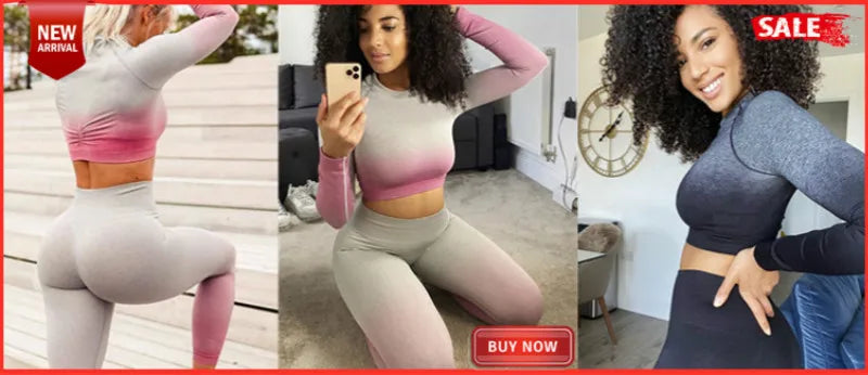 Yoga Set Women Fitness Gym Clothing Sport Suit Seamless Hollow Out Long Sleeve Crop Top High Waist Workout Leggings Sportwear