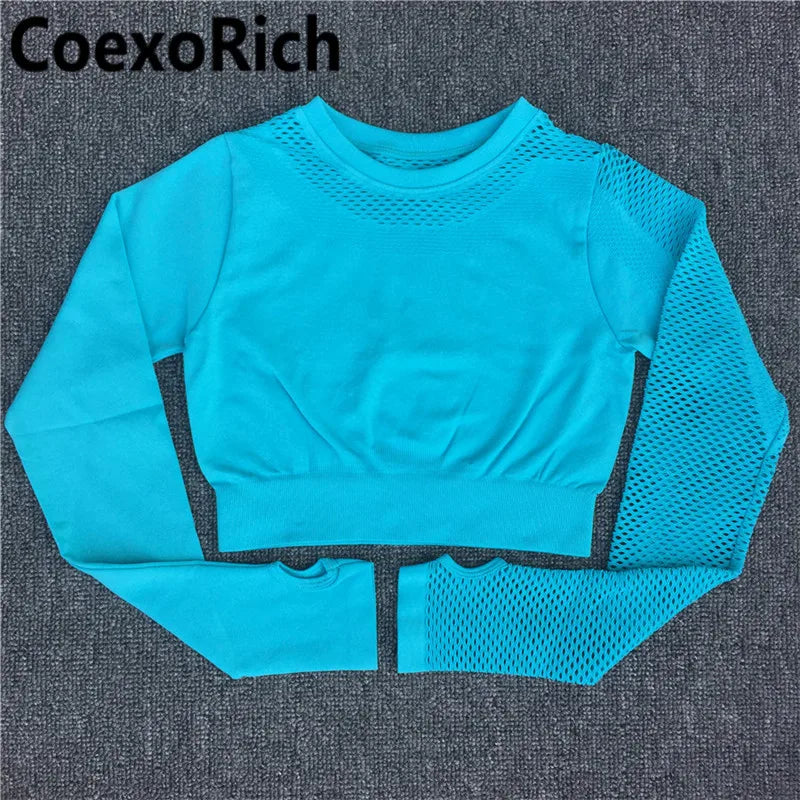 Yoga Set Women Fitness Gym Clothing Sport Suit Seamless Hollow Out Long Sleeve Crop Top High Waist Workout Leggings Sportwear