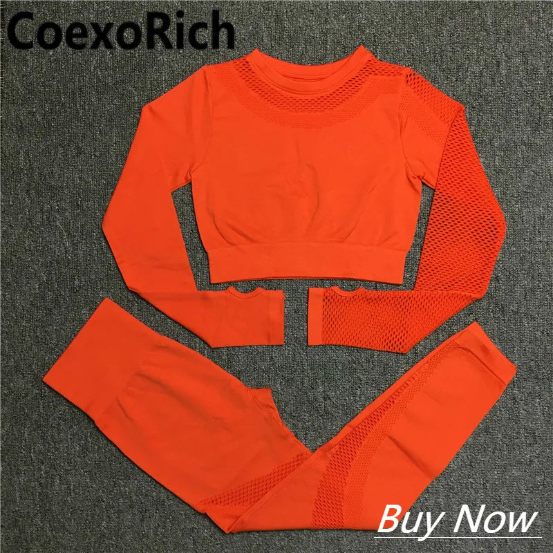 Yoga Set Women Fitness Gym Clothing Sport Suit Seamless Hollow Out Long Sleeve Crop Top High Waist Workout Leggings Sportwear