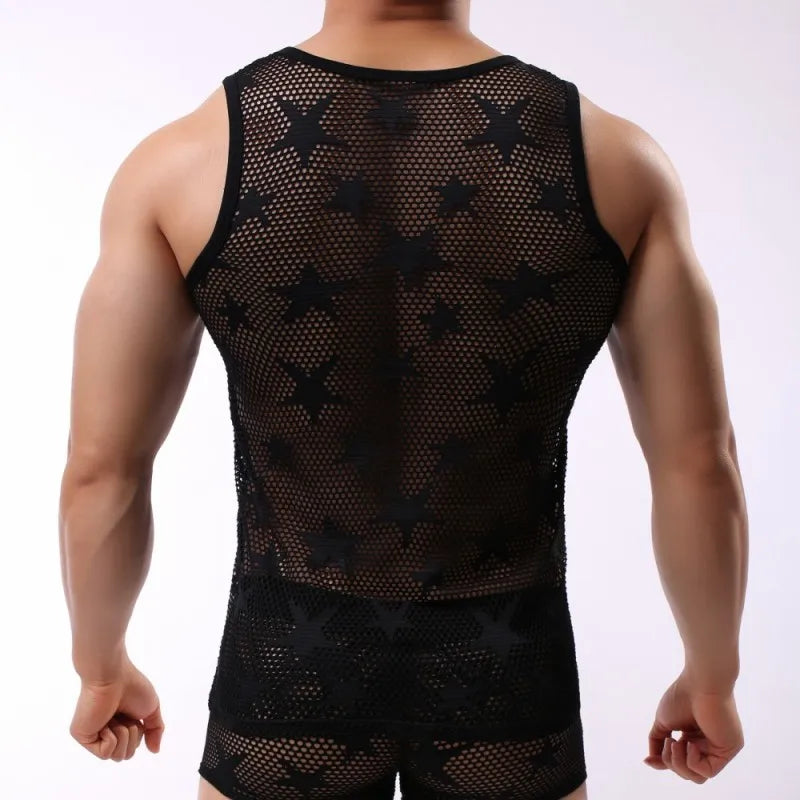 Men's Shirt Tank Top Gym Clothing Bodybuilding Mesh See Through Fitness Shirt Breathable Ropa Interior Singlet Erkek Giyim