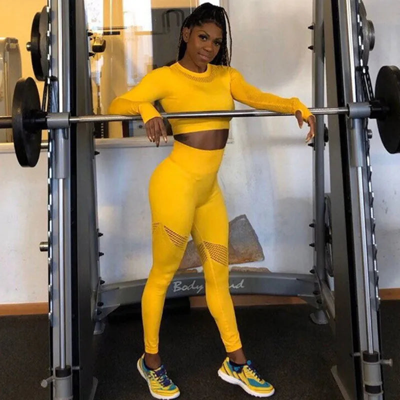 Yoga Set Women Fitness Gym Clothing Sport Suit Seamless Hollow Out Long Sleeve Crop Top High Waist Workout Leggings Sportwear