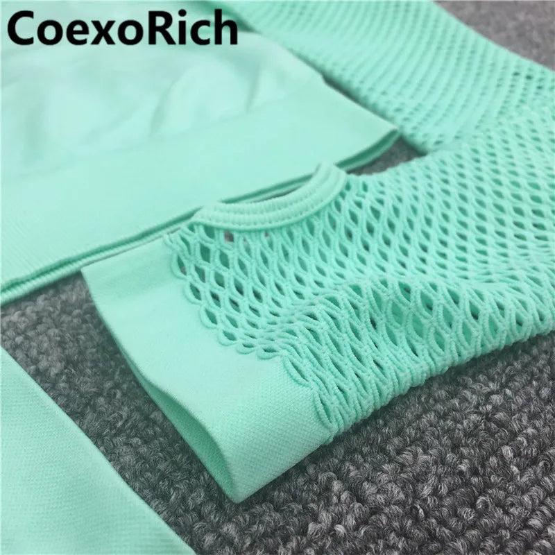 Yoga Set Women Fitness Gym Clothing Sport Suit Seamless Hollow Out Long Sleeve Crop Top High Waist Workout Leggings Sportwear
