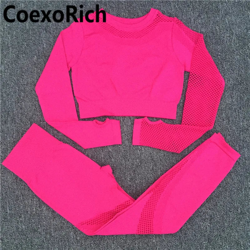 Yoga Set Women Fitness Gym Clothing Sport Suit Seamless Hollow Out Long Sleeve Crop Top High Waist Workout Leggings Sportwear