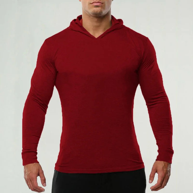 Brand Gym Clothing Solid Color Long Sleeve Hooded Slim Fit T Shirt Men Cotton Tee Shirt Bodybuilding Fitness Sportwear Tshirt