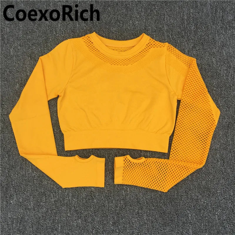 Yoga Set Women Fitness Gym Clothing Sport Suit Seamless Hollow Out Long Sleeve Crop Top High Waist Workout Leggings Sportwear