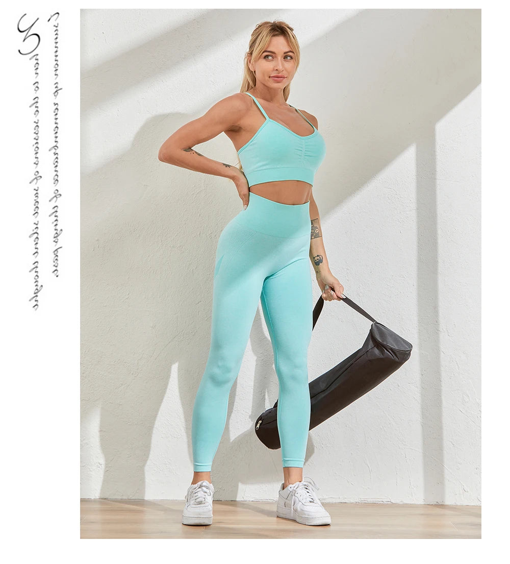 2 Piece Seamless Yoga Set Sports Tracksuit Women Gym Two Piece Set Clothing Fashion Fitness Suits Outfit Bra Leggings Sportswear