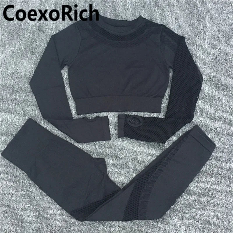 Yoga Set Women Fitness Gym Clothing Sport Suit Seamless Hollow Out Long Sleeve Crop Top High Waist Workout Leggings Sportwear
