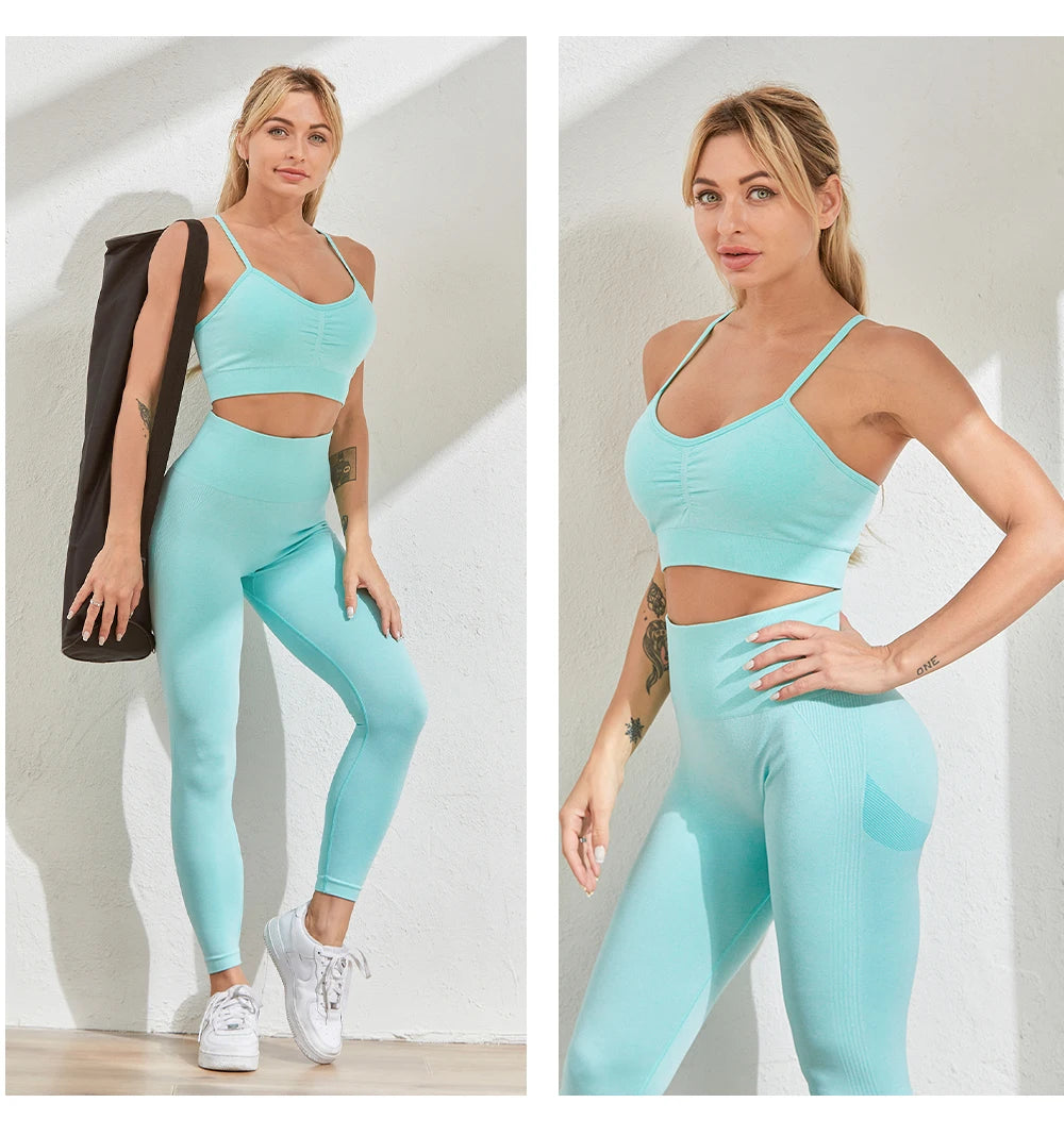 2 Piece Seamless Yoga Set Sports Tracksuit Women Gym Two Piece Set Clothing Fashion Fitness Suits Outfit Bra Leggings Sportswear
