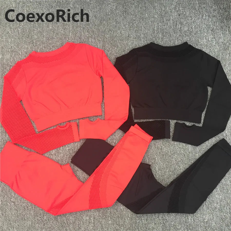 Yoga Set Women Fitness Gym Clothing Sport Suit Seamless Hollow Out Long Sleeve Crop Top High Waist Workout Leggings Sportwear