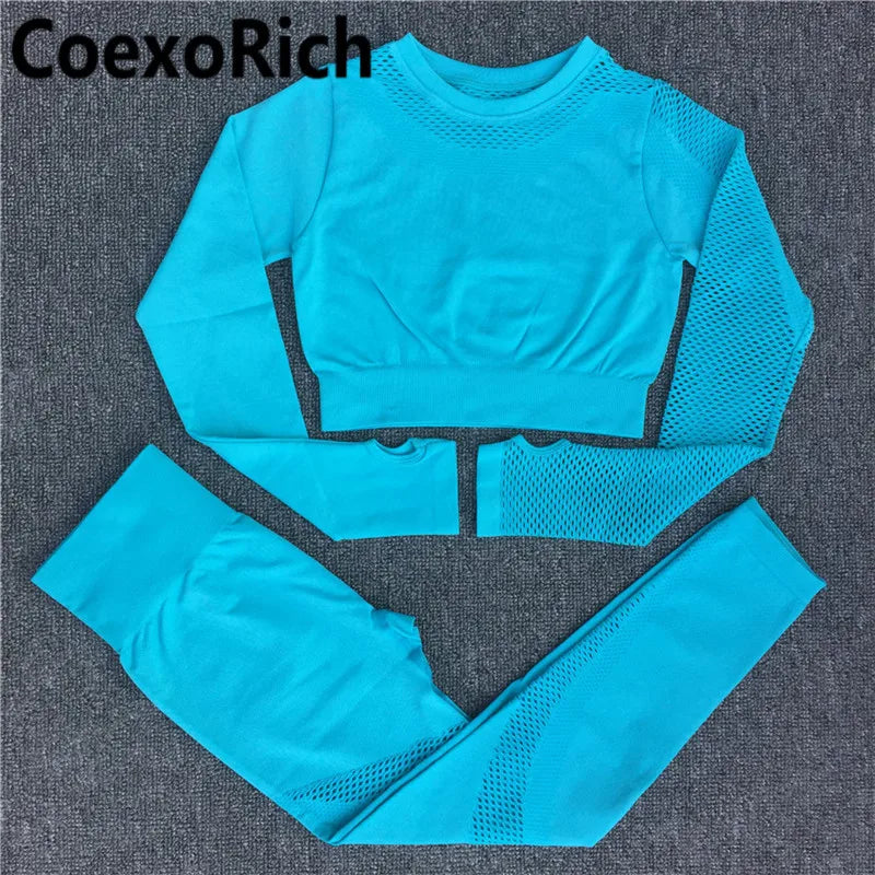 Yoga Set Women Fitness Gym Clothing Sport Suit Seamless Hollow Out Long Sleeve Crop Top High Waist Workout Leggings Sportwear