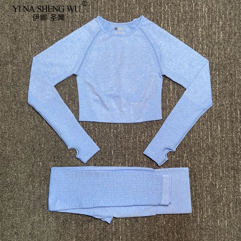 Women's Sportswear Yoga Set Gym Legging Tracksuit Long Sleeve Crop Top Sexy High Waist Seamless Leggings for Fitness Sports Suit