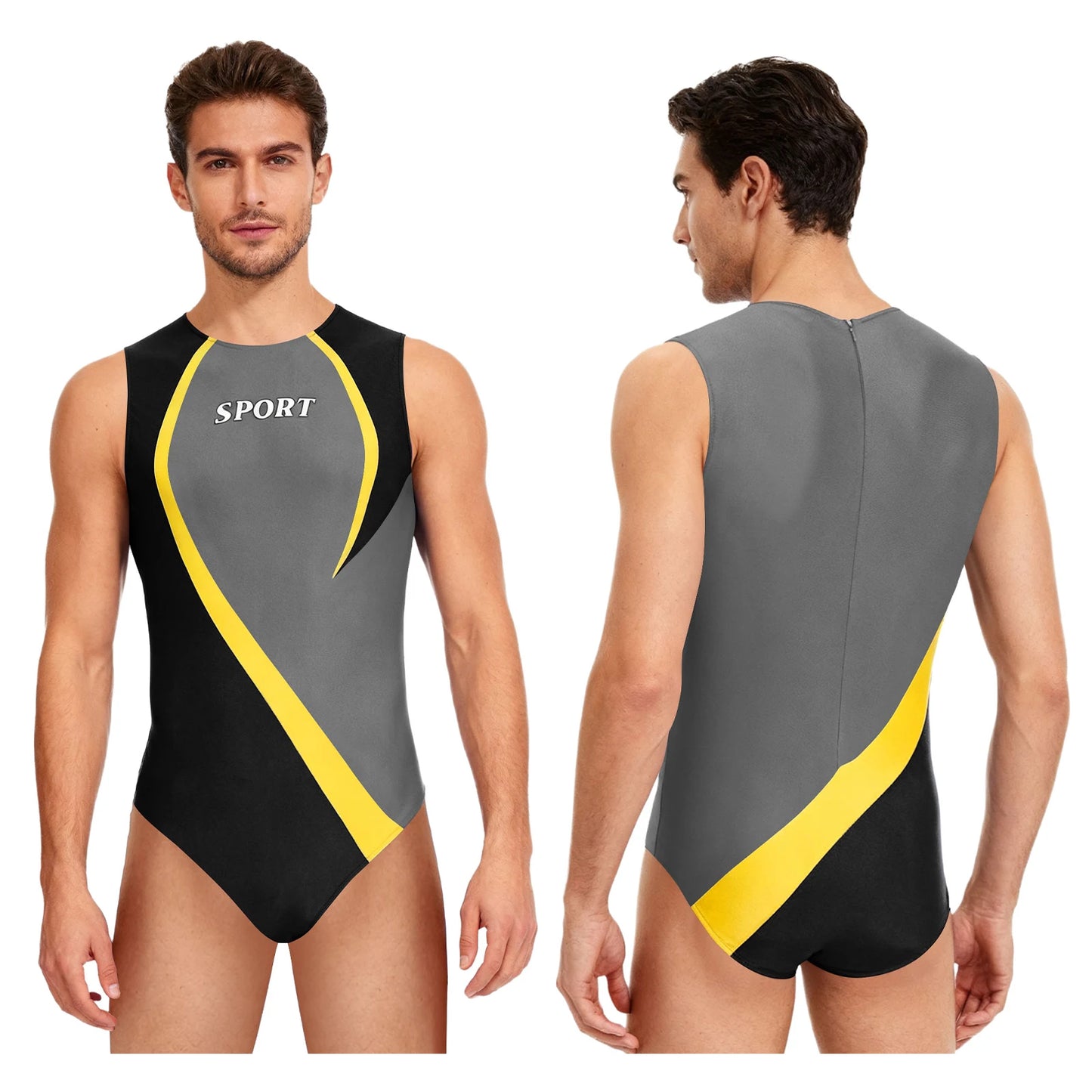 Gym Bodybuilding Leotard for Mens One-piece Swimsuit Sleeveless Zipper Color Block Sports Bodysuit Workout Athletic Costume