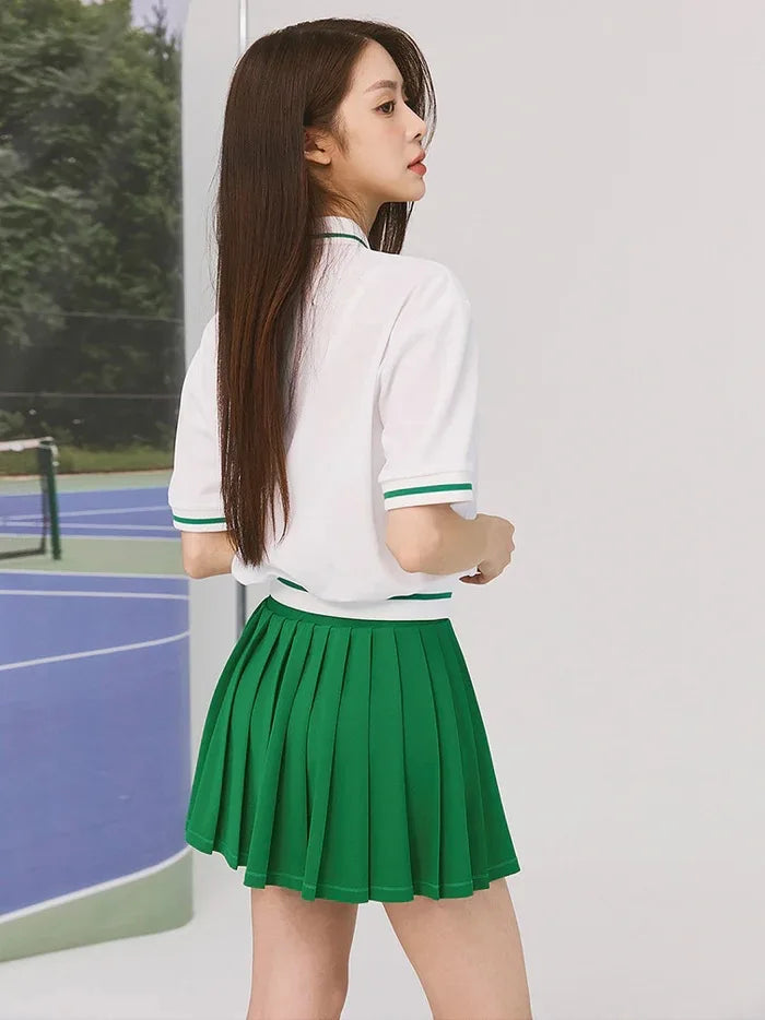 Women Tennis Outfit Quick Dry Fitness Polo Shirt Gym Workout Yoga Top Ladies Pleated Slim Culottes Anti-emptied Badminton Skirt