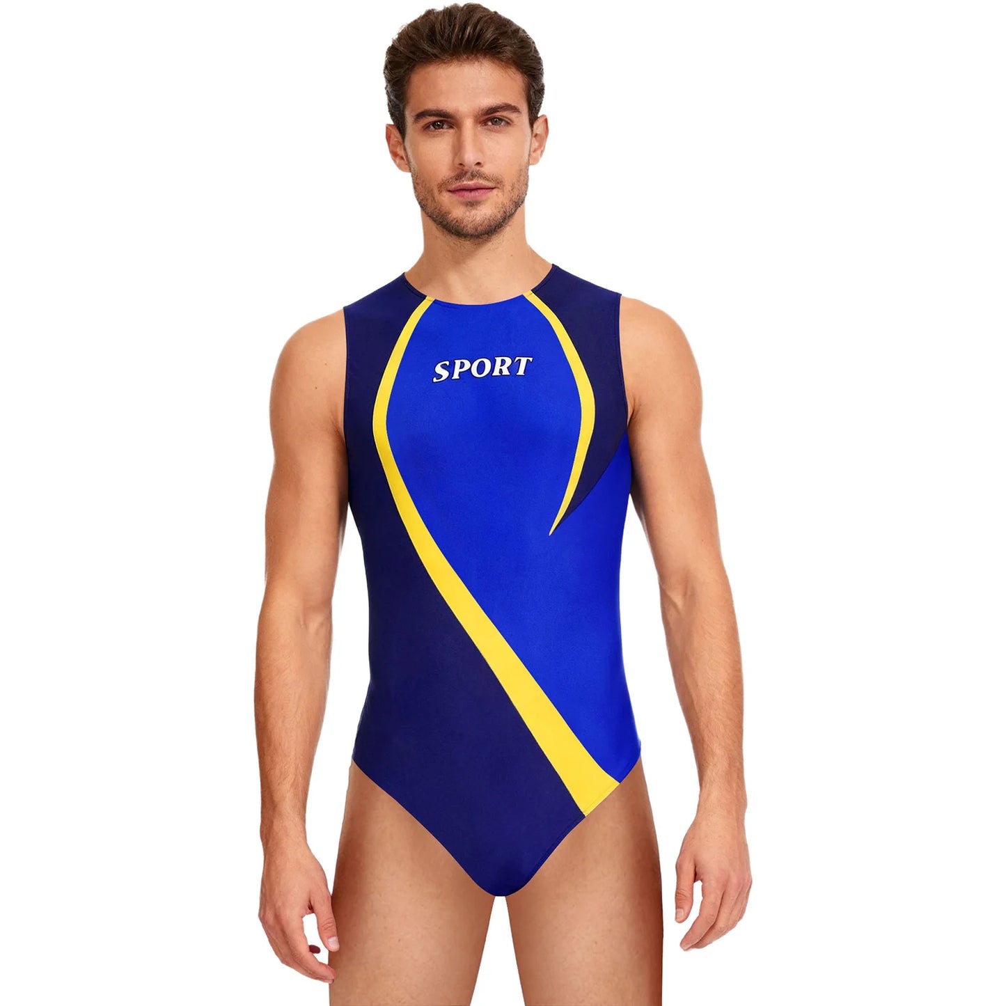 Gym Bodybuilding Leotard for Mens One-piece Swimsuit Sleeveless Zipper Color Block Sports Bodysuit Workout Athletic Costume