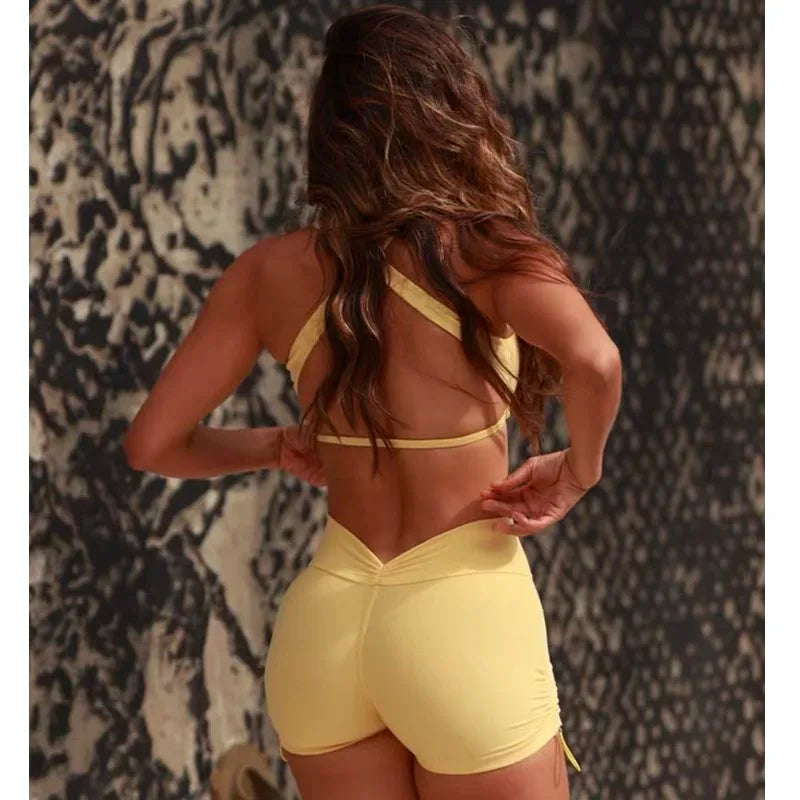 Women Workout Clothing Gym Wear Crop Top Sports Bras V-back Yoga Pants Training Tights