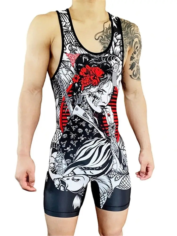 Men Wrestling Singlets Skinsuit Bodysuit Sport Fitness Clothing Run Speedsuit Powerlift Suspenders Suit Swimwear Gym Tights