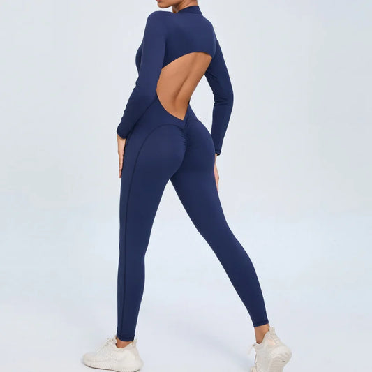 Women Sportwear Yoga Jumpsuit Zipper Long Sleeve Back Open Outfit Fitness Tracksuit Tight One-piece Gym Overalls Sports Bodysuit