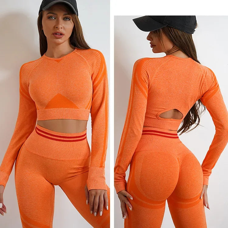 2 Pieces Gym Set Workout Clothes For Women Fitness Long Sleeve Crop Top Seamless Scrunch Butt Leggings Yoga Sport Suits