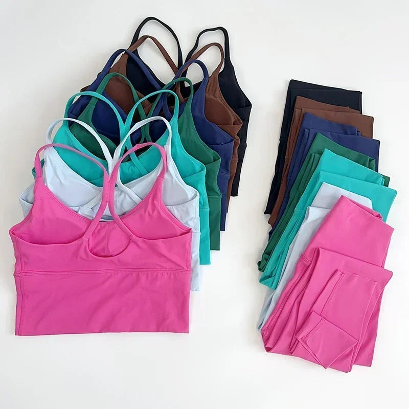 2 Piece Yoga Set Sportswear Fitness Suits Sexy Cross back Yoga Tops Elasticity High Waist Leggings Running Sports Clothing👚👍️