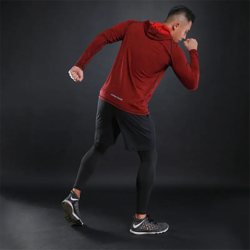 Men Elastic Running Tops Breathable Long Sleeve Gym t Shirt Male Casual Hooded t-Shirts Quick Dry Fitness Shirts Man Clothing