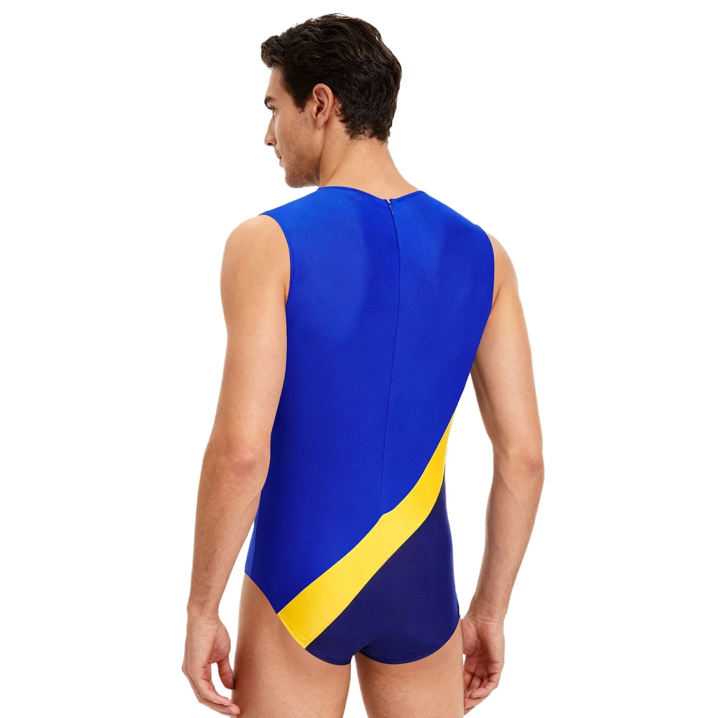 Gym Bodybuilding Leotard for Mens One-piece Swimsuit Sleeveless Zipper Color Block Sports Bodysuit Workout Athletic Costume