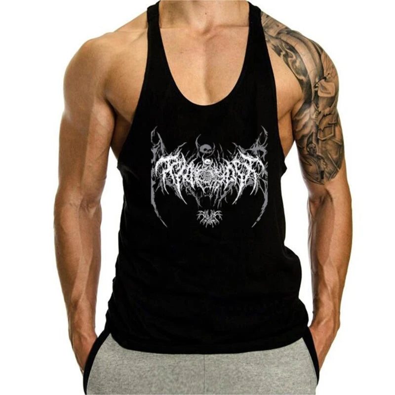 2025 New Cotton Exercise Gym Vest - Men's Muscle Sleeveless Sportswear, Front & Back Print Stringer for Bodybuilding Fitness