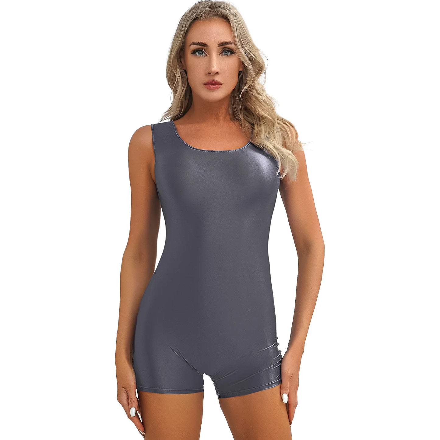 Women Glossy Sleeveless Gymnastics Yoga Sport Boyleg Bodysuit Pilates Aerobics Dance Leotard Gym Bodybuilding Workout Playwear