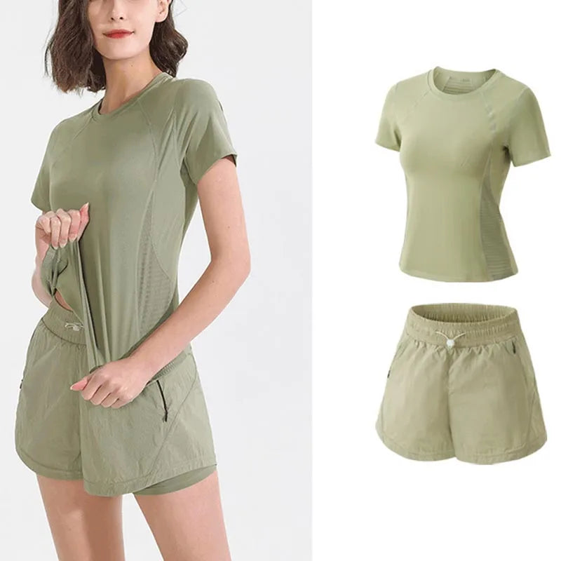 Women Gym Yoga Wear Sport High Waist Short Pocket Run Women Sportswear Fitness Outfi Push Up Quick Drying Summer Sport Clothing