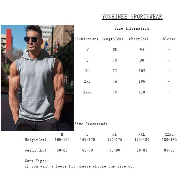 Men Vest Sleeveless Shirts Tank Tops with Hoodie Workout GYM Muscle Shirt Waistcoat Fitness Men Clothing